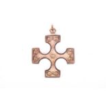 A 9ct gold cross pendant designed by Ola Gorie, assayed Edinburgh 1978, each section with a figure