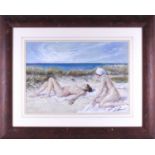 Franco Matania (1922-2006) Italian/British, two female nude bathers on the beach, pastel on paper,