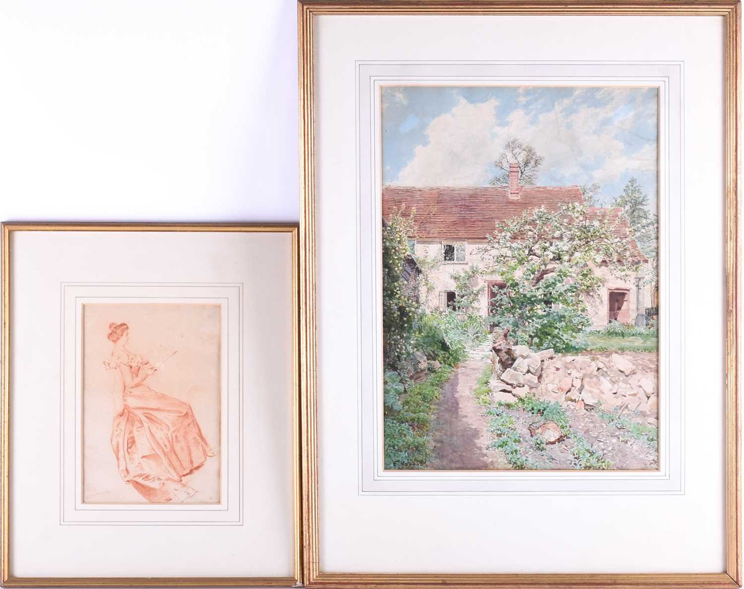 Eduardo Matania (1847-1929) Italian, a rural cottage scene, watercolour on paper, together with a