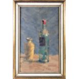 A mid 20th century still life painting of a wine bottle and vase, oil on board, signed Wilson, in