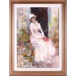 Eduardo Matania (1847-1929) Italian, an Impressionist style painting of a woman in a white dress,