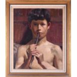 Attributed to Eduardo Matania (1847-1929) Italian, a portrait of a semi-nude young boy playing the