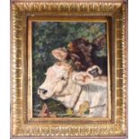 Eduardo Matania (1849-1929) Italian, A study of two young calves in a rural setting, signed E.