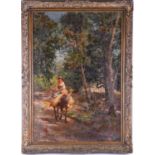 Eduardo Matania (1847-1929) Italian, a gypsy traveller riding a donkey in a forest, signed E.