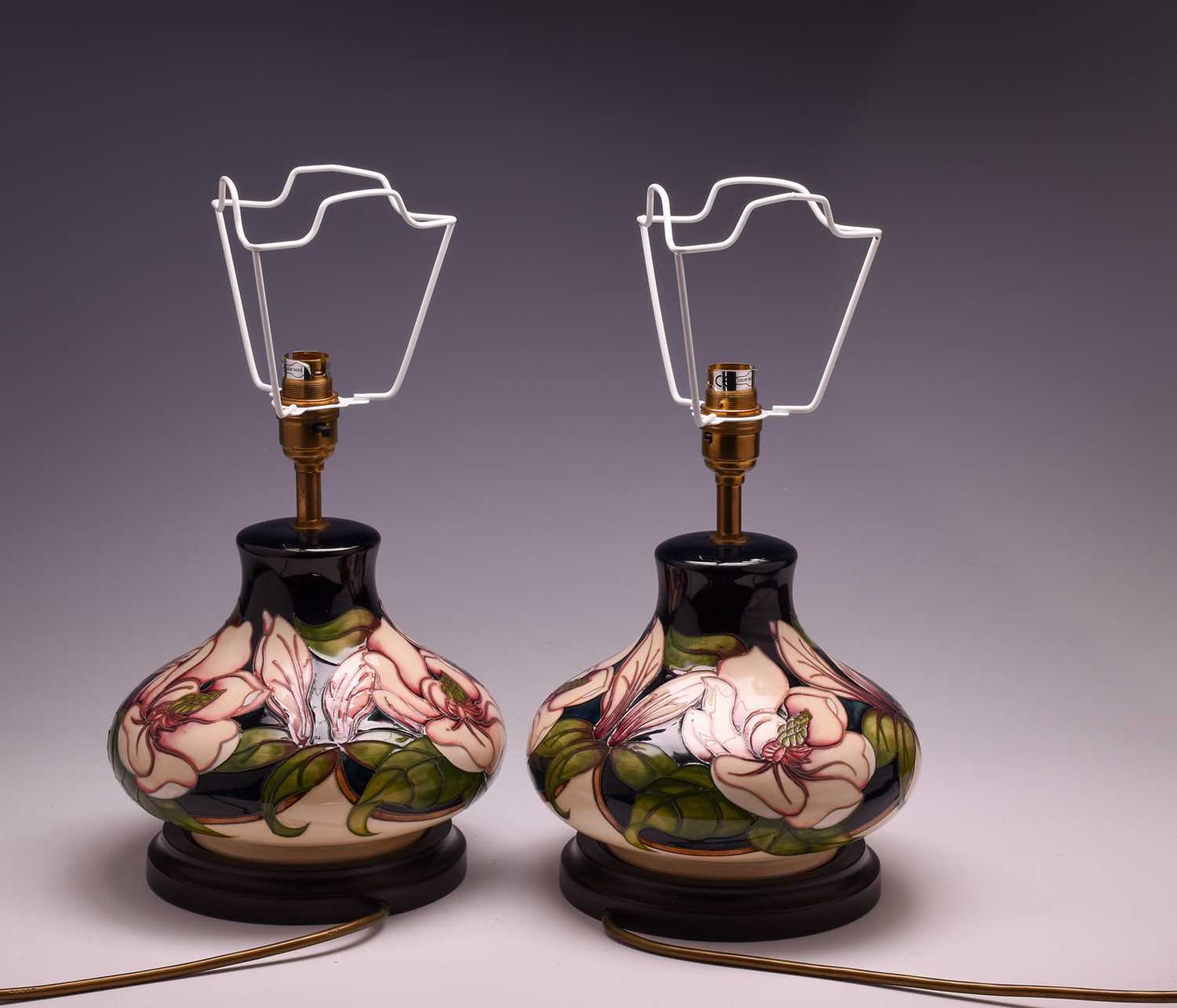 A pair of Moorcroft 'Magnolia' pattern table lamps, late 20th century, of compressed form, the - Image 4 of 12