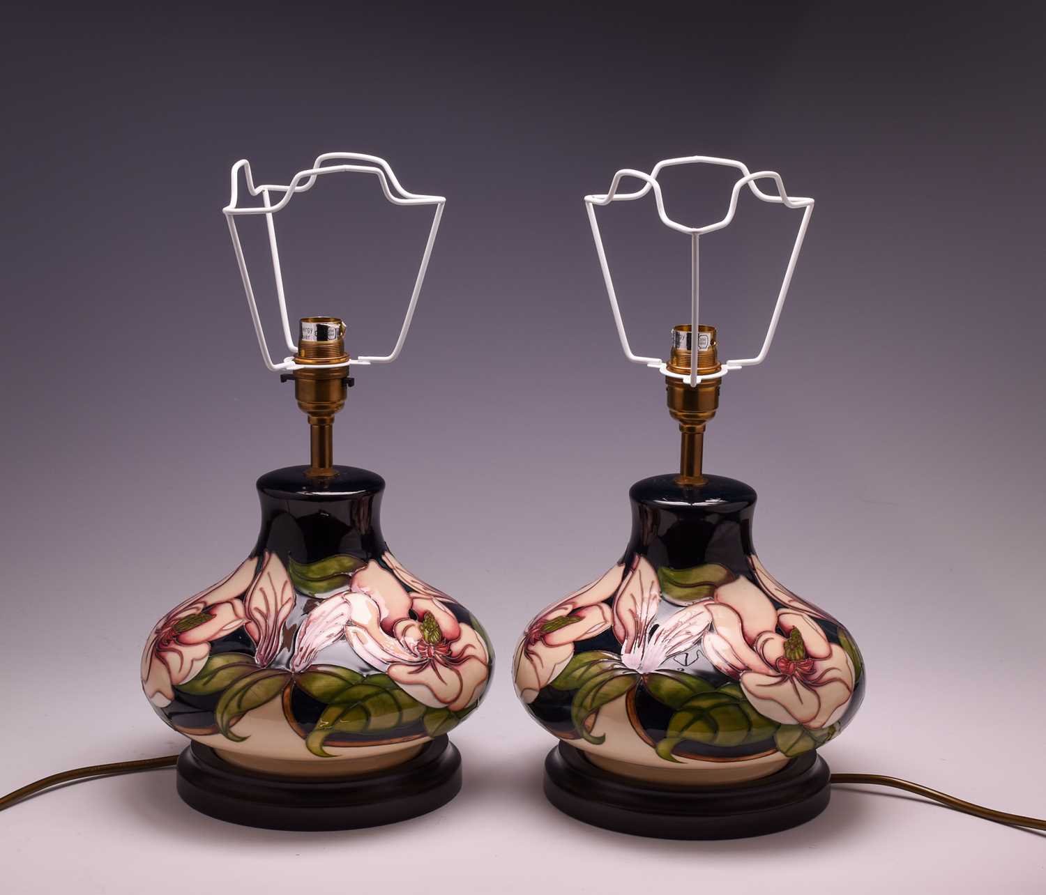 A pair of Moorcroft 'Magnolia' pattern table lamps, late 20th century, of compressed form, the - Image 2 of 12