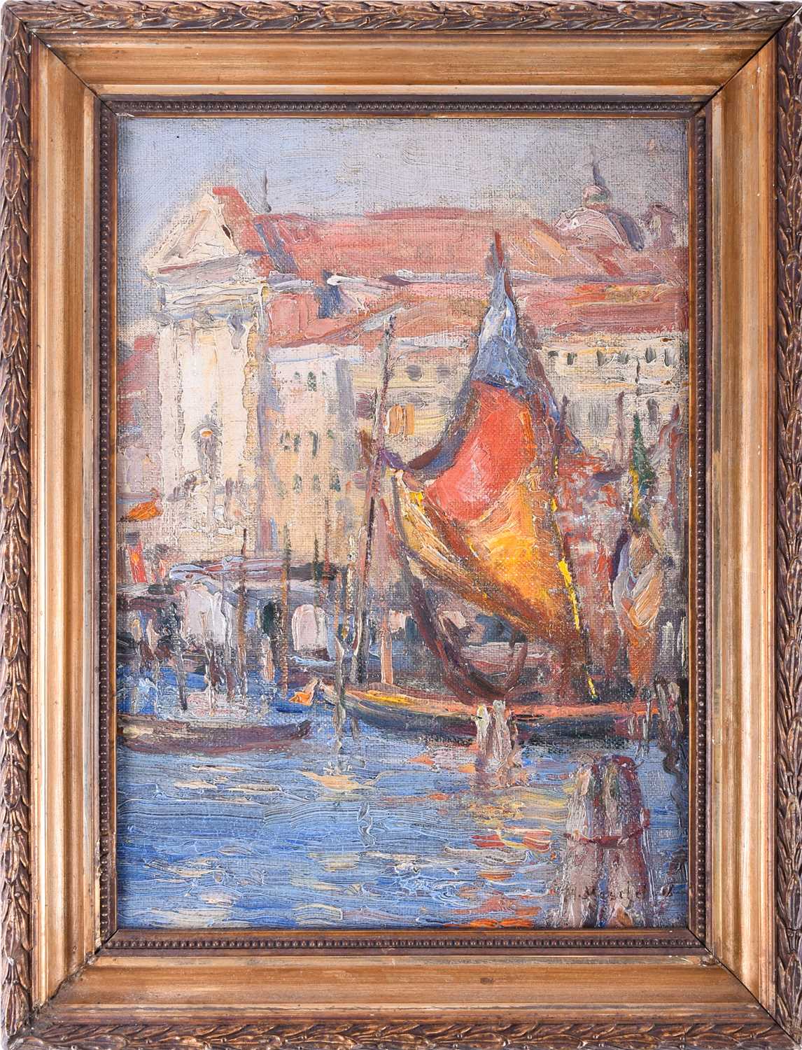 Margaret Moscheles (1871-1924) British, a Venice canal scene, oil on canvas, 31 cm x 22 cm in a gilt