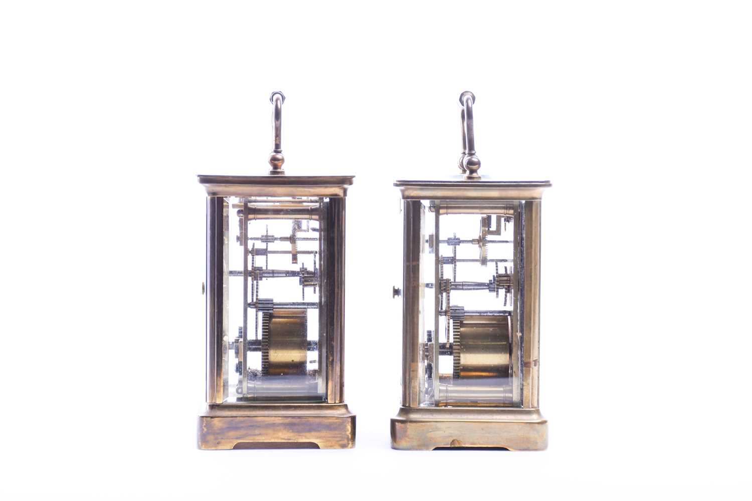Two late 19th century French gilt brass four-glass carriage clocks, each with white enamel dial, - Image 3 of 6