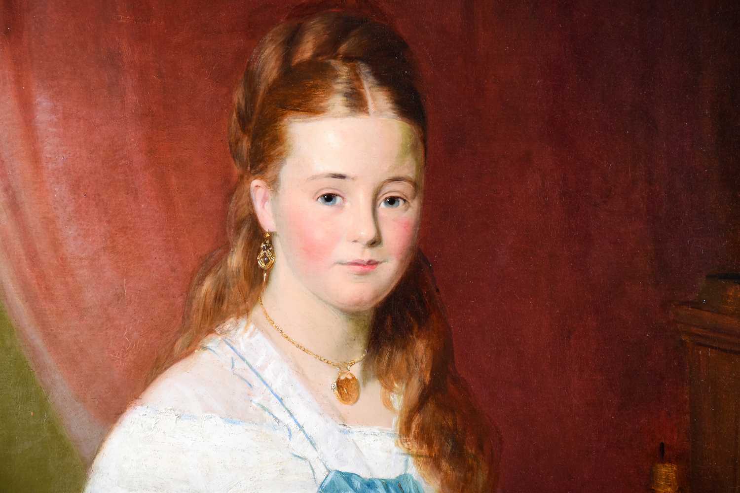 19th century English School, a portrait of a young woman, in a white lace dress with blue ribbons, - Image 2 of 5