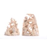 Two Chinese carved ivory figure groups, early 19th century, one depicting two figures beneath a pine