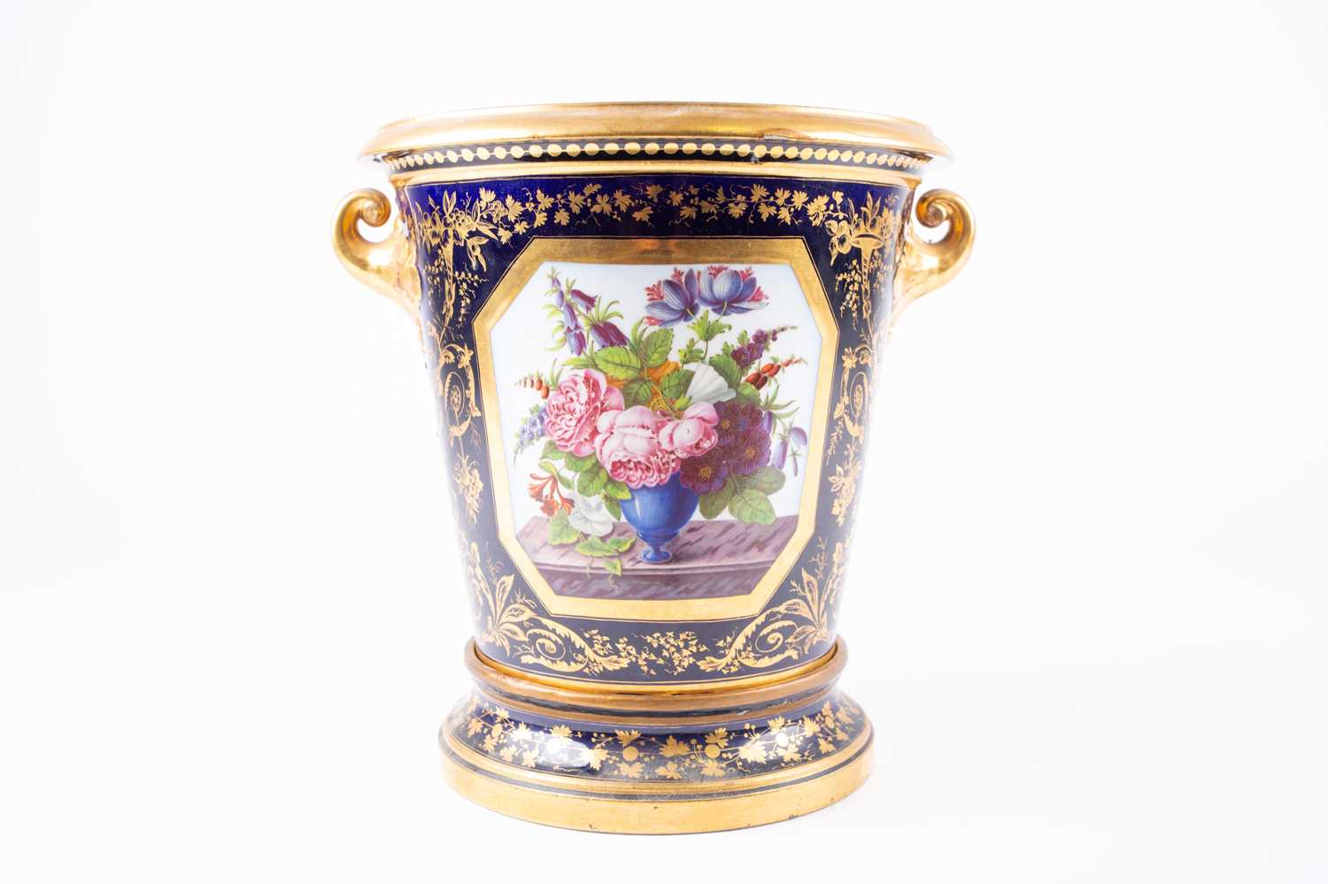 A 19th century porcelain blue and gilt vase, possibley Derby, with painted panels flowers and a - Image 3 of 5