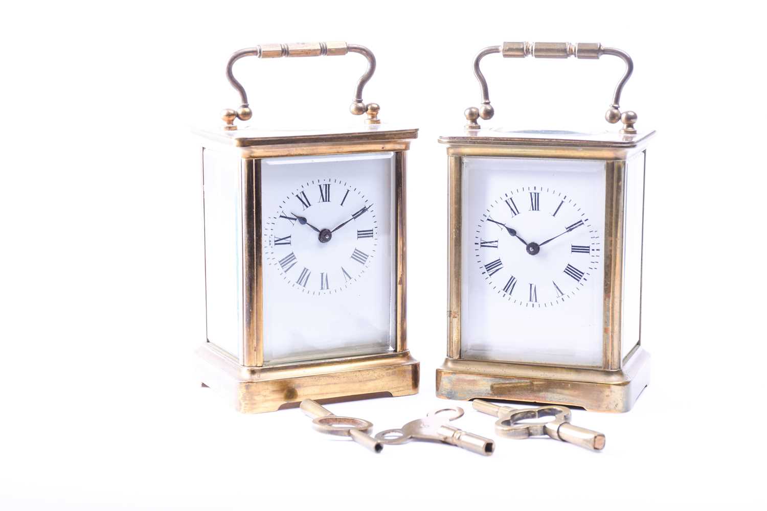 Two late 19th century French gilt brass four-glass carriage clocks, each with white enamel dial, - Image 2 of 6