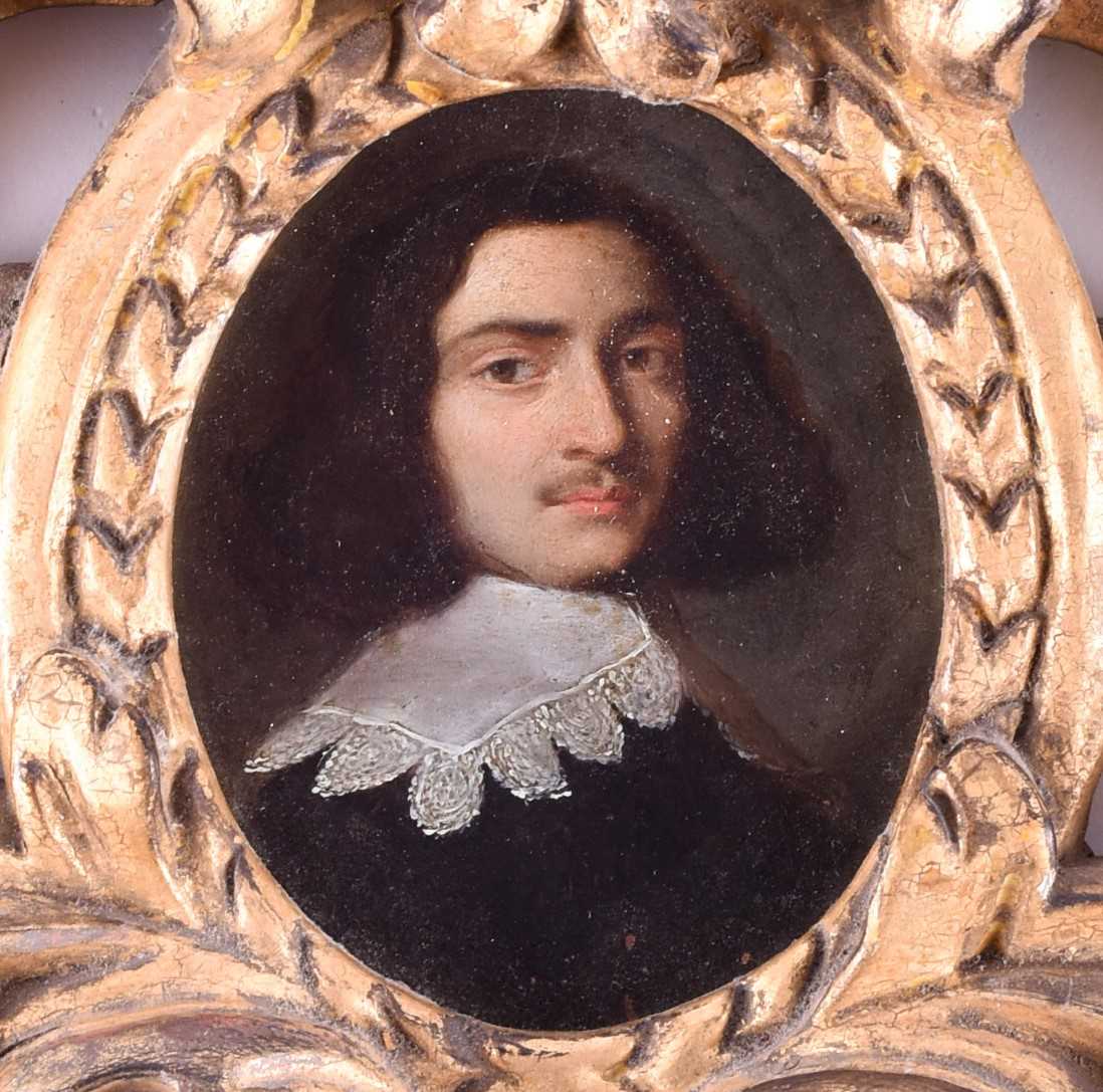 A 17th century oval portrait miniature of a gentleman, bust length wearing a white lace collar, - Image 3 of 12