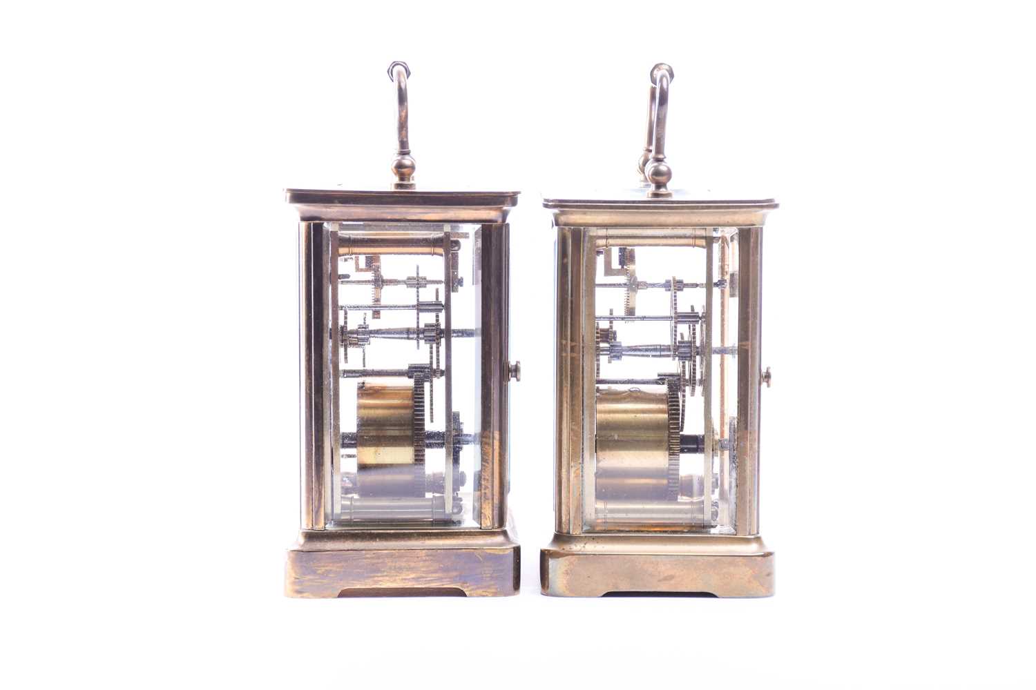 Two late 19th century French gilt brass four-glass carriage clocks, each with white enamel dial, - Image 6 of 6