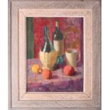 Robert Tollast (1915-2008), a still life study of wine bottles and fruit, oil on board, signed to