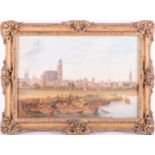 Augustus Wynantsz (179f-1948) Dutch, a city landscape, (probably Utrecht), with boats to the