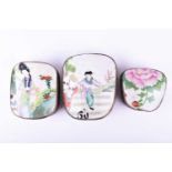 A group of three Chinese white metal porcelain mounted boxes, the largest 16 cm x 14 cm.Qty: 3
