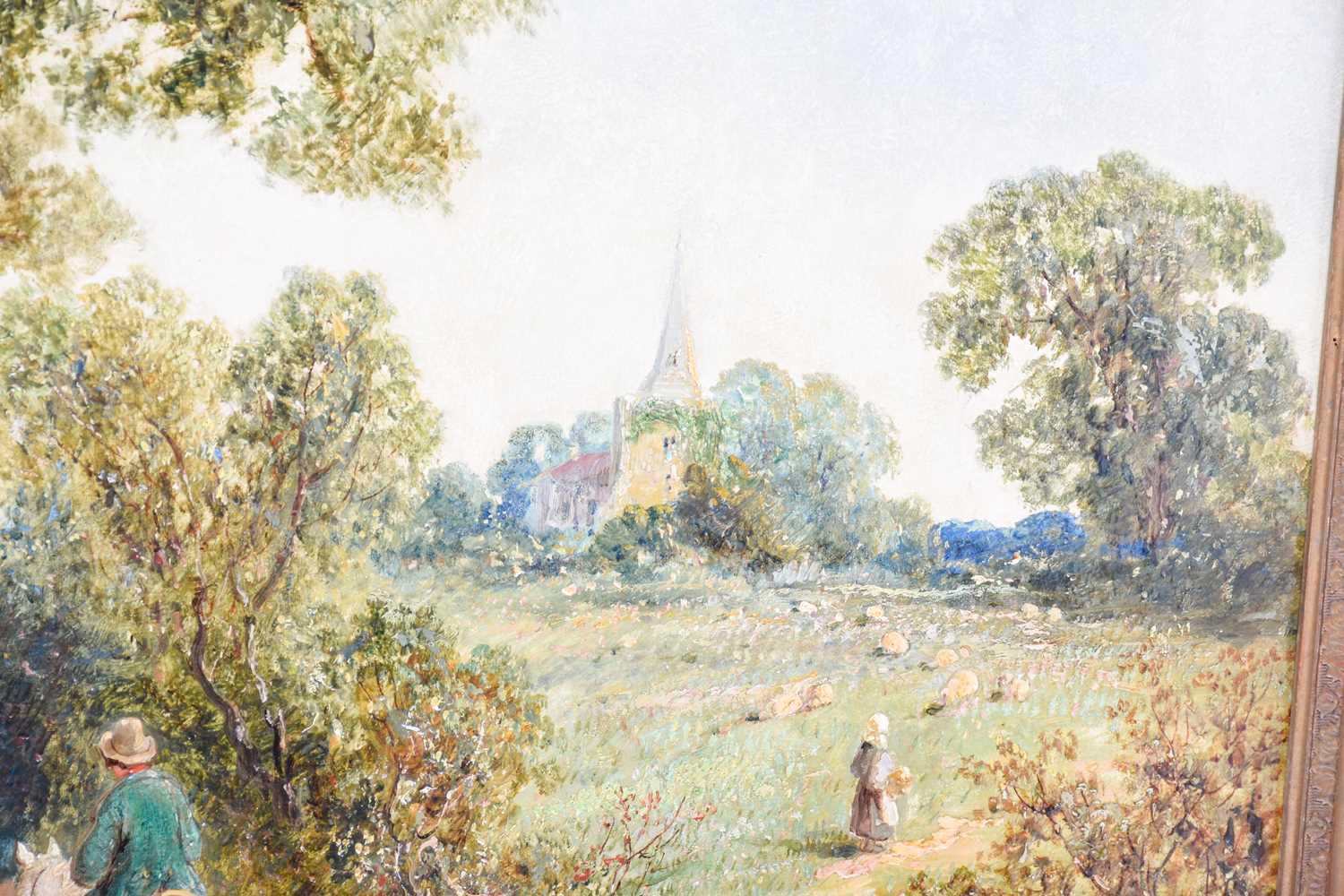 James Edwin Meadows (1828-1888) British, a rural dwelling with figures, church spire on the horizon, - Image 3 of 6