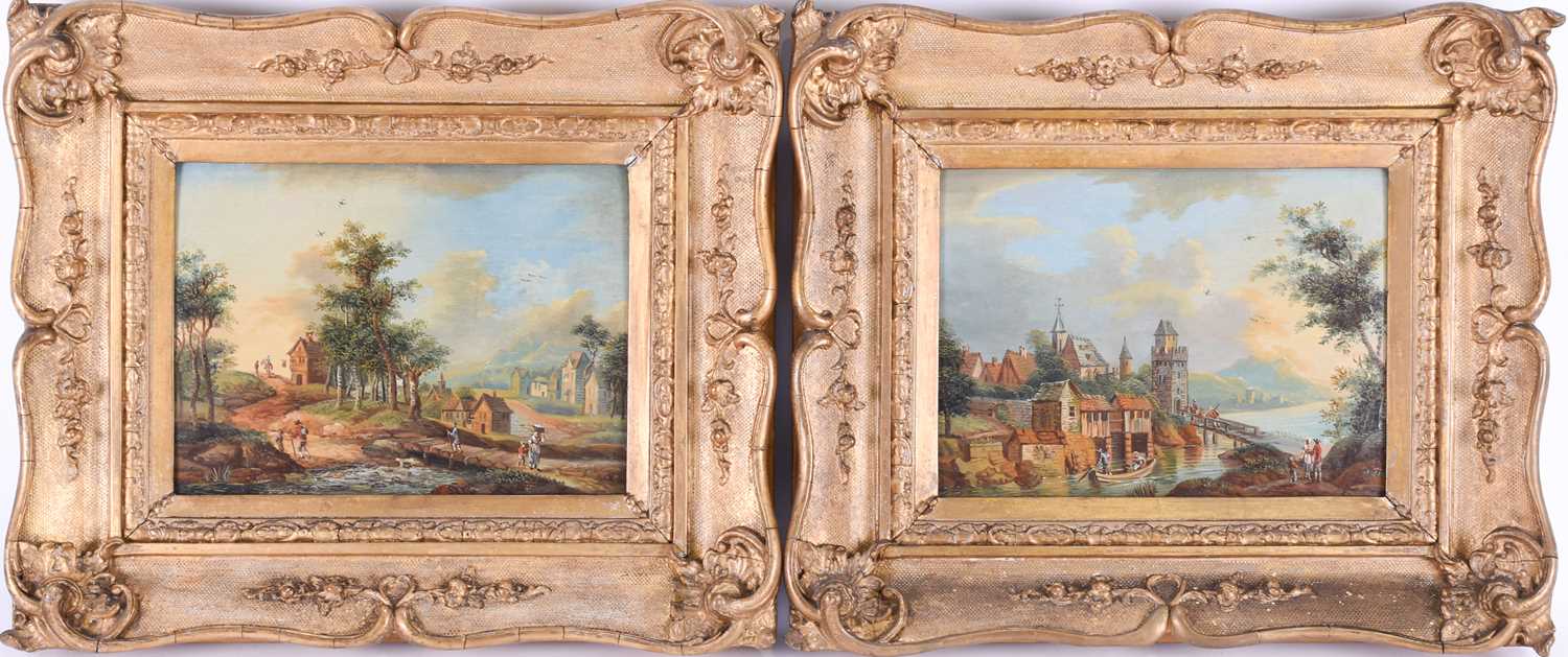 19th century Continental School Two gilt framed landscape scenes, both depicting Continental town