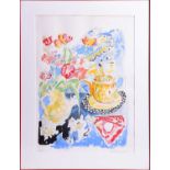 Andrea Tana (born 1942), a limited edition print, still ife of a teapot on a table, with flowers
