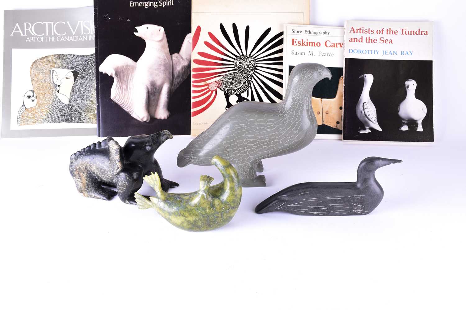 A collection of four 20th century carved inuit sculptures to include a Loon (by Moses Appaqaq), a - Image 4 of 4