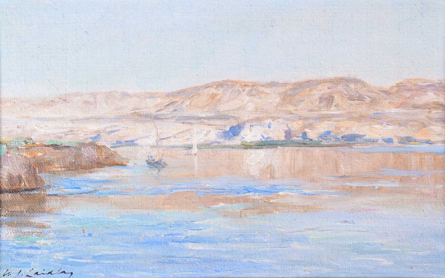 William James Laidlay (1846 - 1912), a bright coastal view with boats and hills, signed, oil on - Image 2 of 5