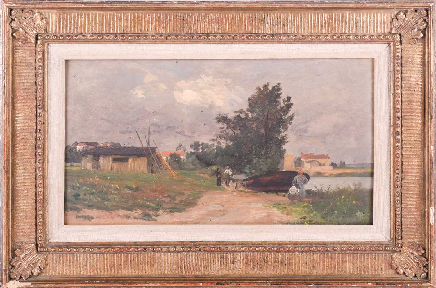 Attributed to Charles Joseph Beauverie (1839-1924) French, a rural scene with figures and boat