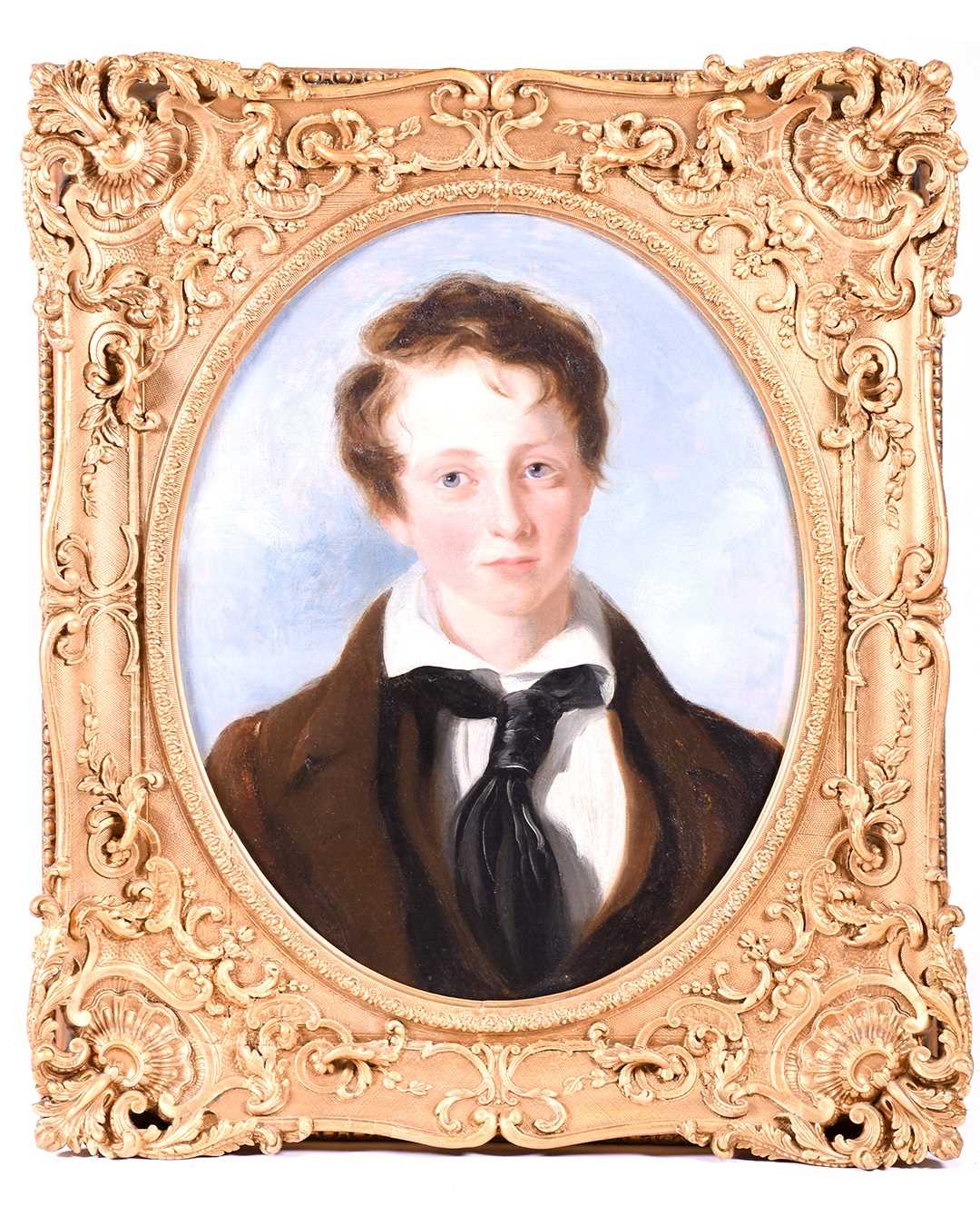 18th century English school oil, an portrait of boy in a loose necktie, unsigned oil on canvas, 56