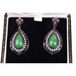 A pair of silver gilt, diamond, onyx and agate drop earrings in the Art Deco style, the trefoil