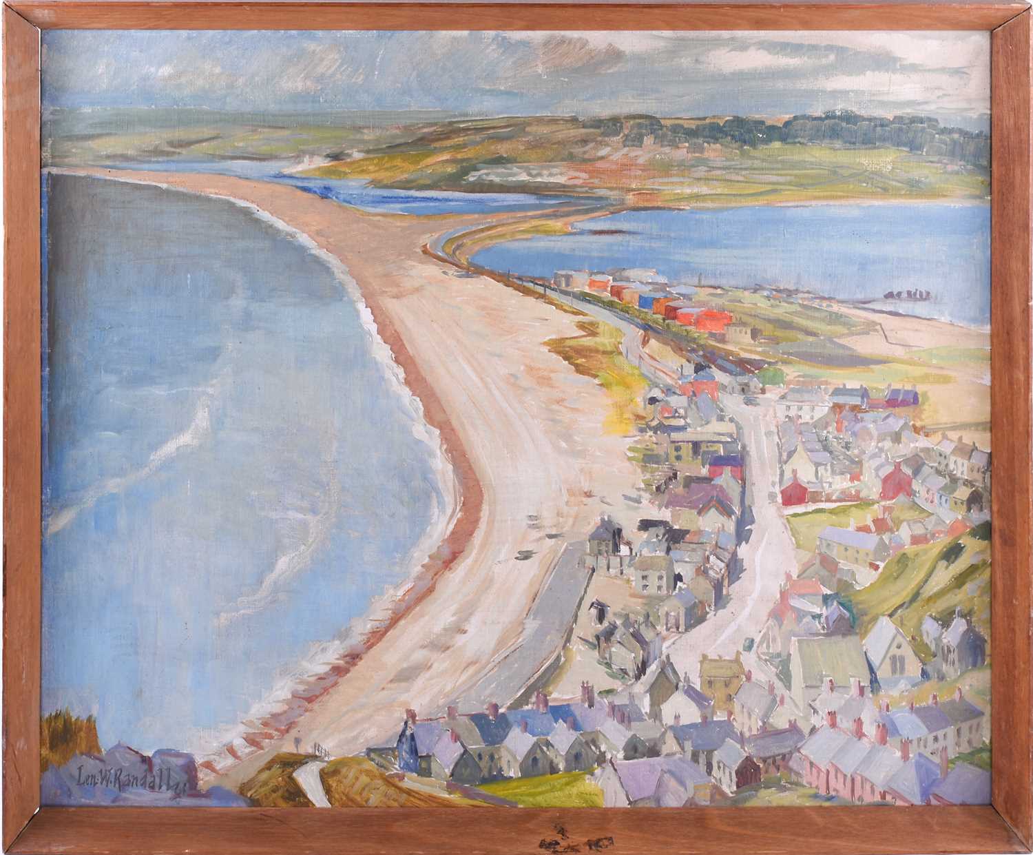 Len. W. Randall, 'Chesil Beach & The fleet from Portland', signed, oil on canvas laid onto board,