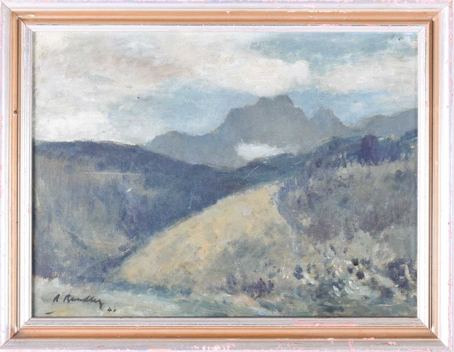 Robert Broadley (1908-1988) South African, a mountainous landscape under cloudy skys, oil on