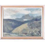 Robert Broadley (1908-1988) South African, a mountainous landscape under cloudy skys, oil on