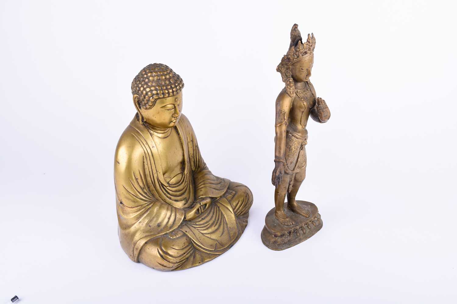 A Japanese hollow cast brass figure of the Amida Buddha, his hands in mida no jo-in, together with a - Image 4 of 6