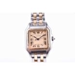 A Cartier Panthere quartz two tone ladies wristwatch, the signed square dial with blued steel hands,