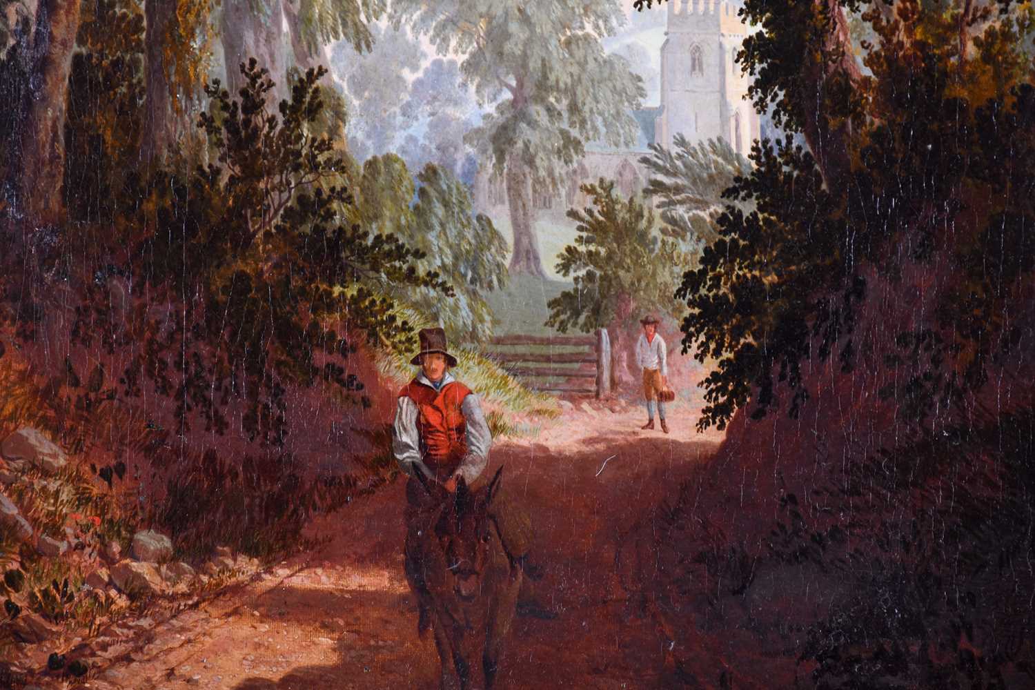 William Pascoe (19th Century) English, a figure on a donkey in a woodland setting with a church - Image 4 of 4