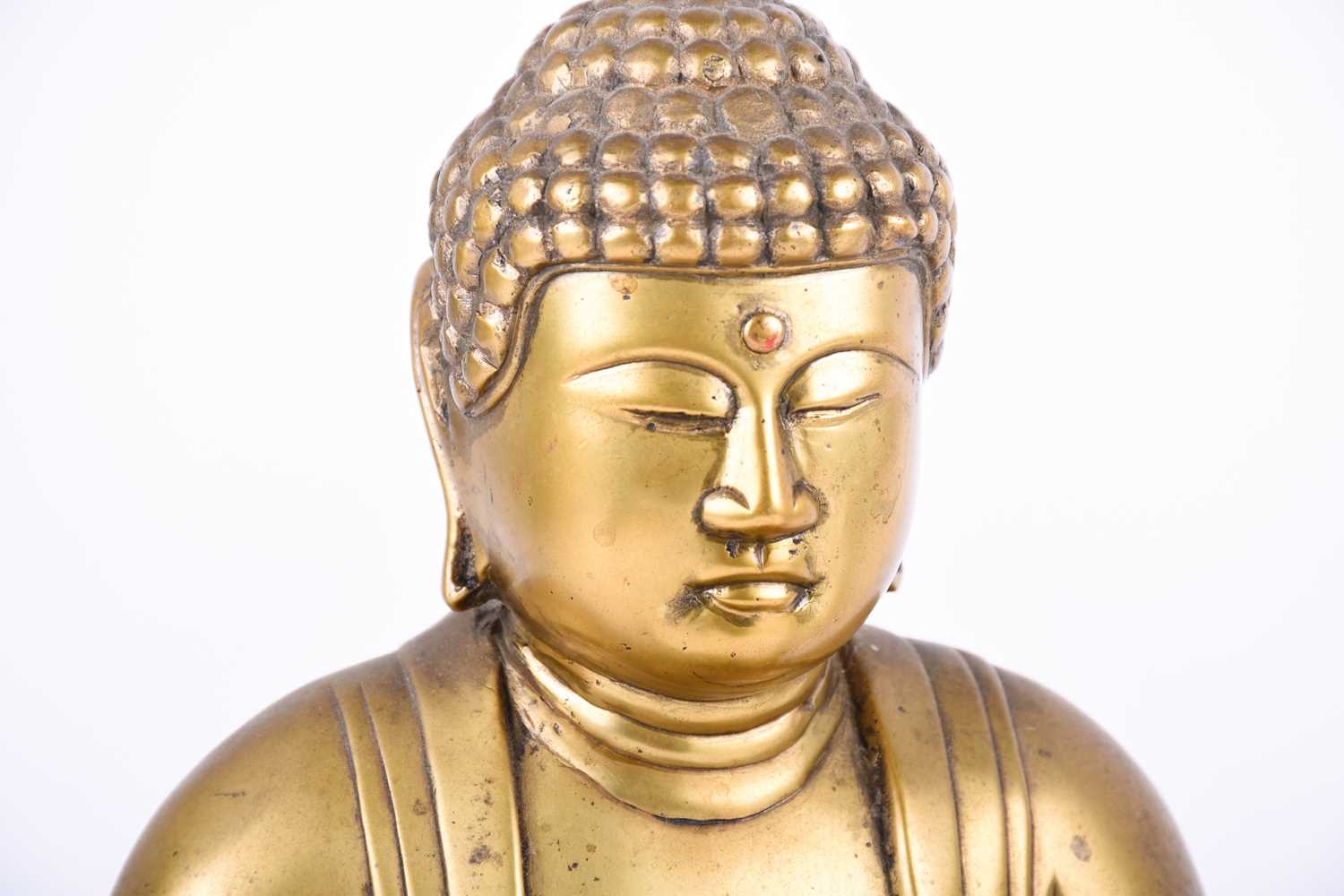 A Japanese hollow cast brass figure of the Amida Buddha, his hands in mida no jo-in, together with a - Image 6 of 6