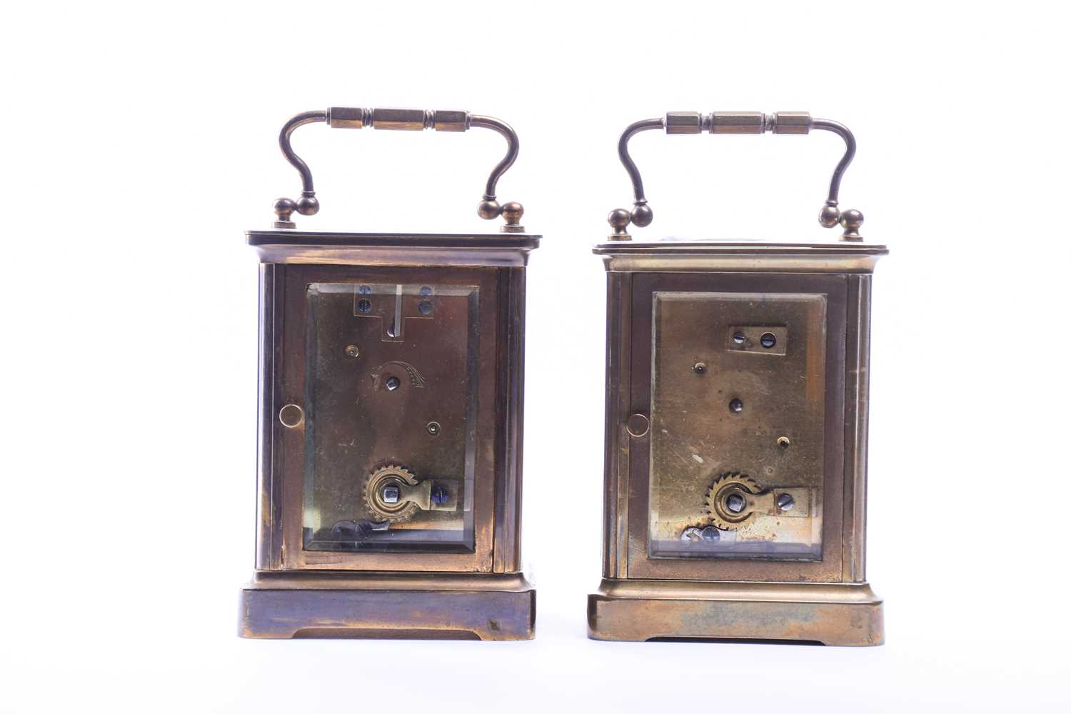 Two late 19th century French gilt brass four-glass carriage clocks, each with white enamel dial, - Image 4 of 6