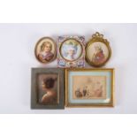 A group of four 18th century and late miniature portraits, comprising a brass framed painting on