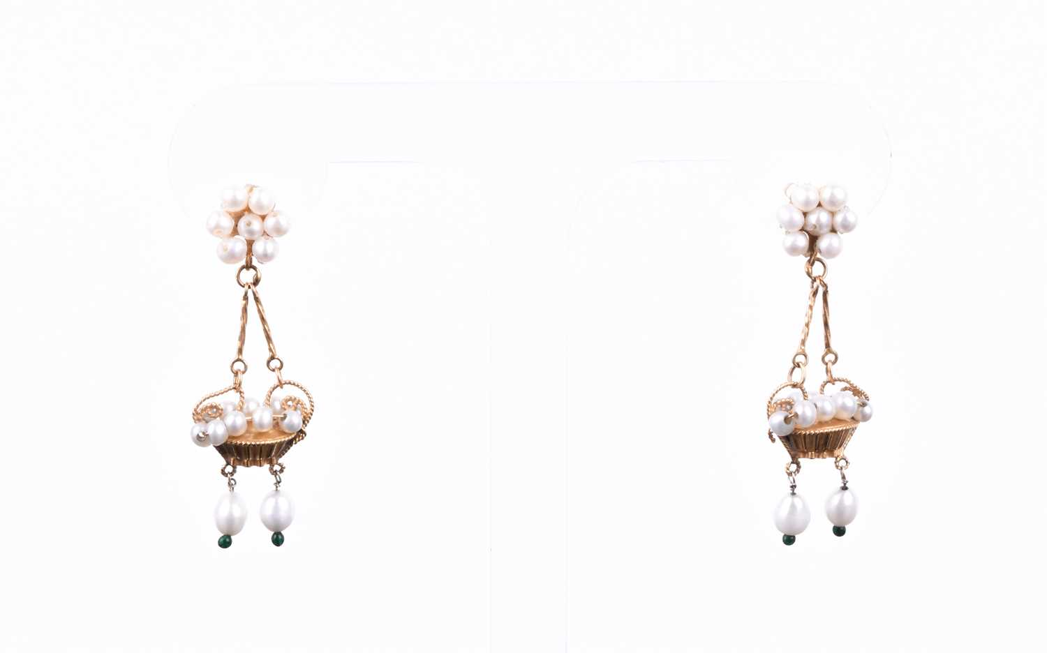 A pair of yellow metal and pearl earrings, formed as hanging baskets, set with cultured pearls,