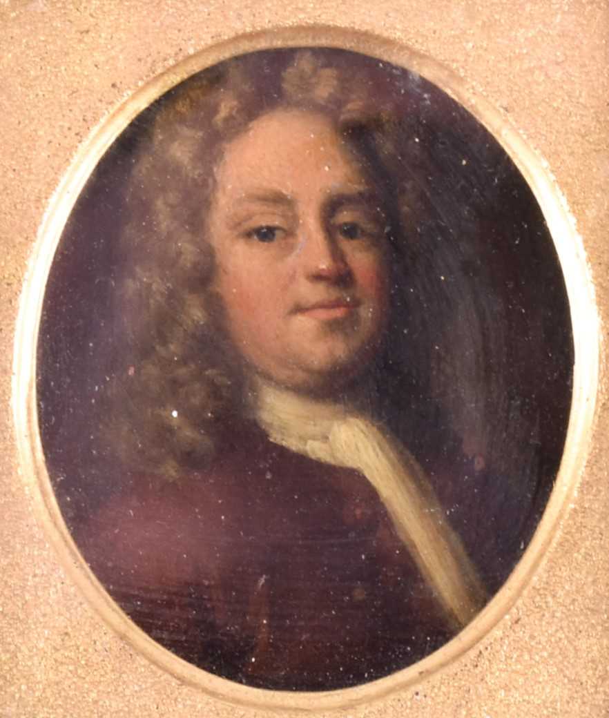 An 18th century oval portrait miniature of a gentleman, bust length, oil on copper, 7 cm x 5.6 cm, - Image 2 of 3