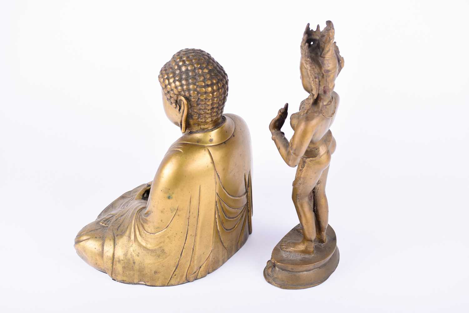 A Japanese hollow cast brass figure of the Amida Buddha, his hands in mida no jo-in, together with a - Image 3 of 6