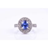 A diamond and tanzanite cluster ring, set with a mixed oval-cut tanzanite, within a border of