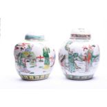 Two Chinese famille verte ginger jars and covers, late 19th century, each cover decorated with