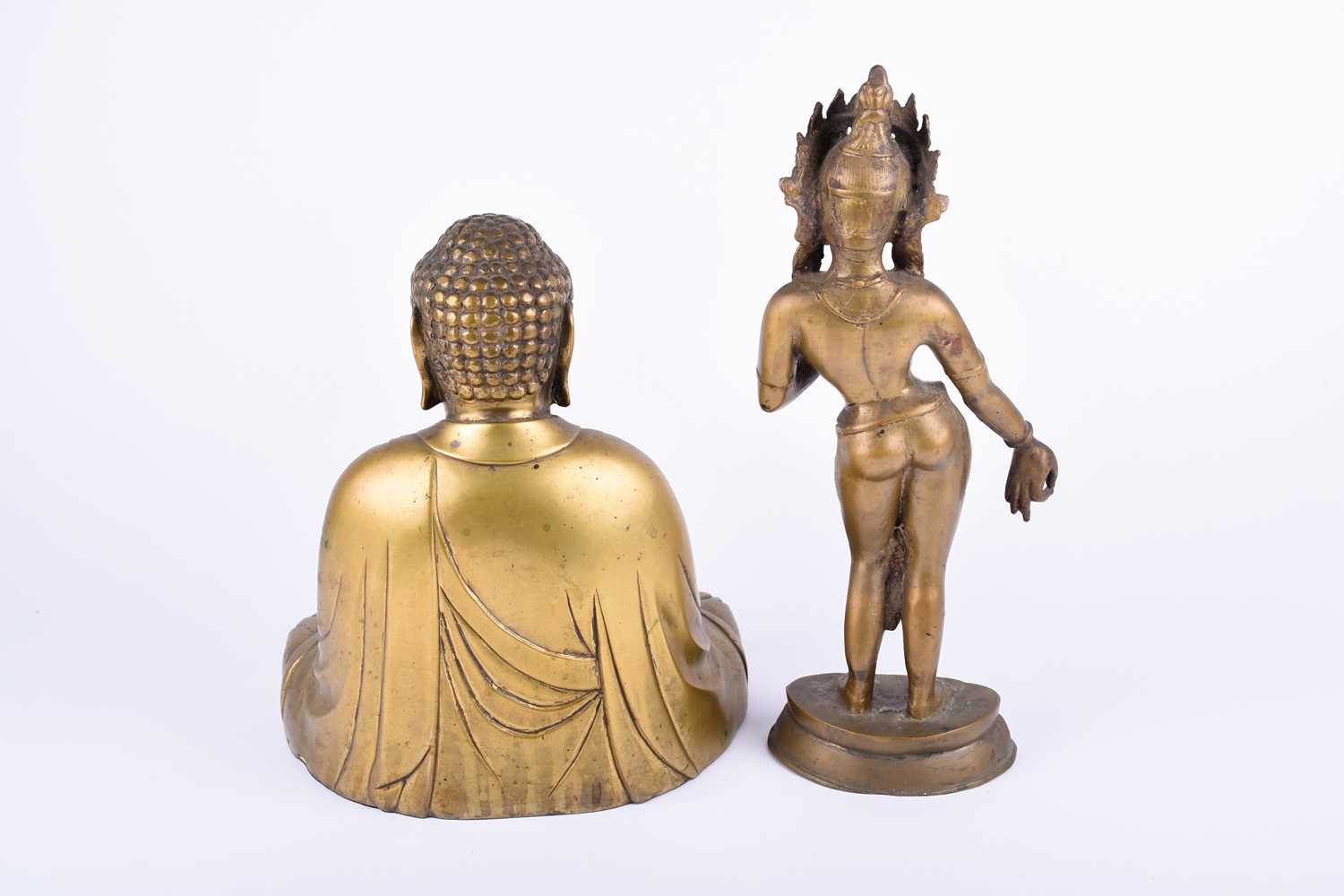 A Japanese hollow cast brass figure of the Amida Buddha, his hands in mida no jo-in, together with a - Image 2 of 6