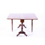 A 19th century walnut table dropleaf table, 69 cm high x 89 cm wide, on two turned legs united by
