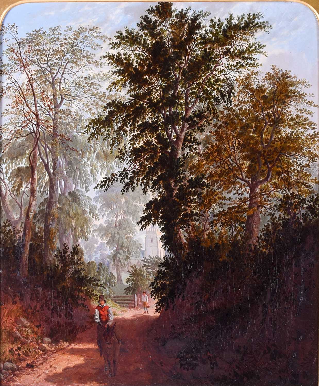 William Pascoe (19th Century) English, a figure on a donkey in a woodland setting with a church - Image 3 of 4