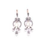 A pair of silver gilt, diamond, and opal drop earringsthe bow-surmounted circular mount set with