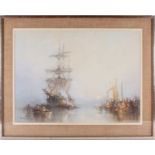 An early 20th century watercolour of a sailing ship entering port, small vessels around her, in
