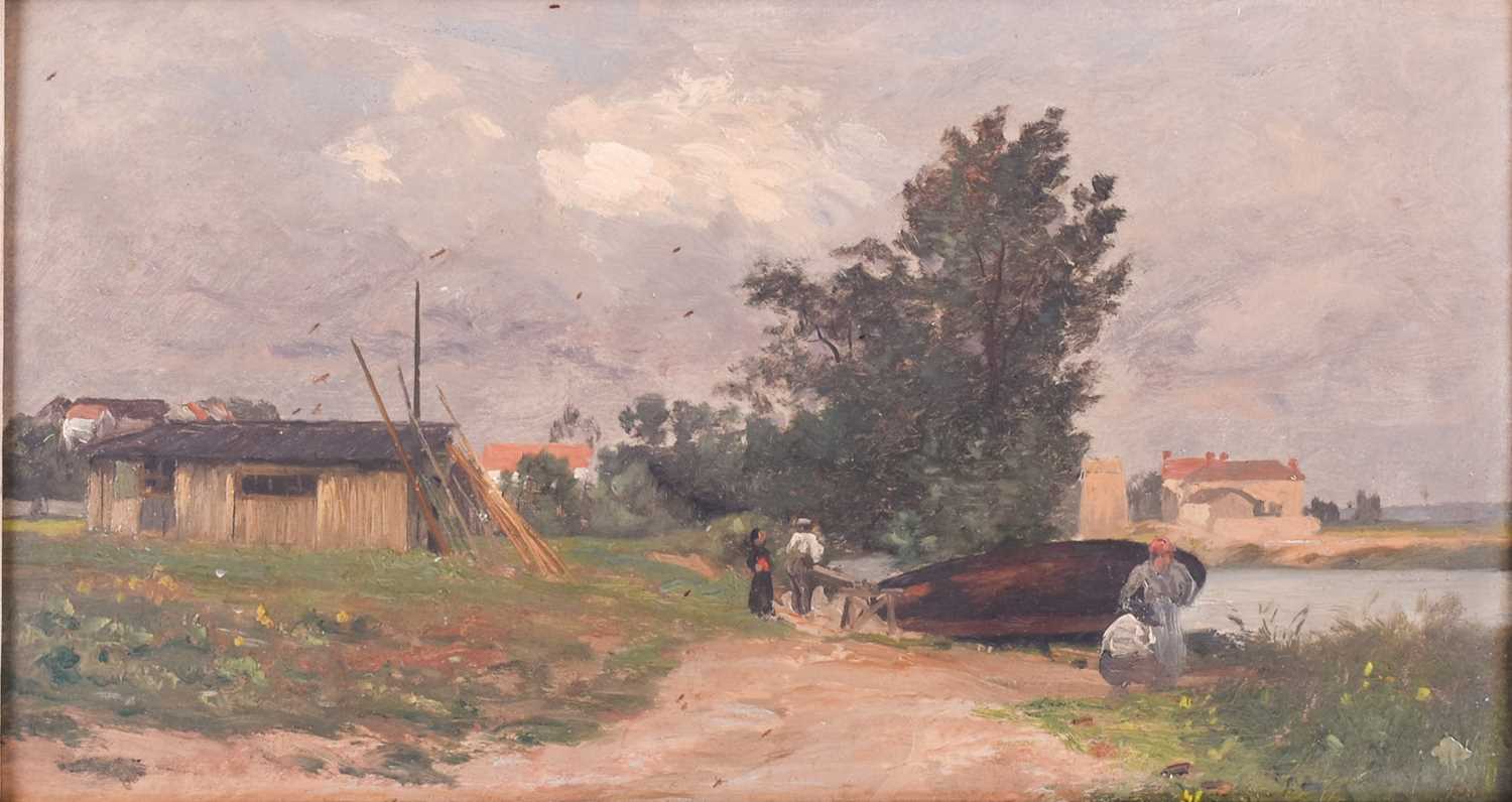 Attributed to Charles Joseph Beauverie (1839-1924) French, a rural scene with figures and boat - Image 4 of 5