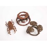 Three Japanese bronze novelties, late 20th century, modelled as a crab in a trap, a stag beetle